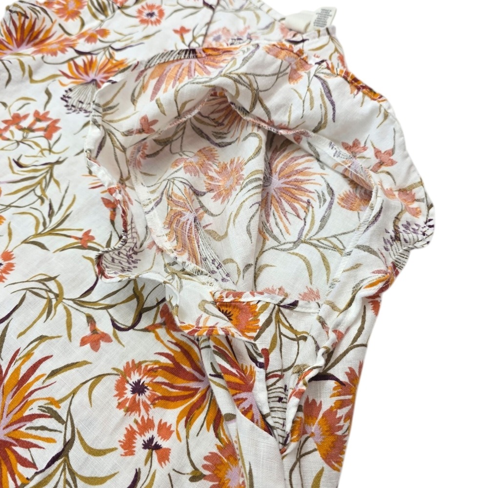 Joie Dress Women L White Orange 100% Linen Floral Ruffle Sleeve Boho Shift Tunic - Picture 7 of 9